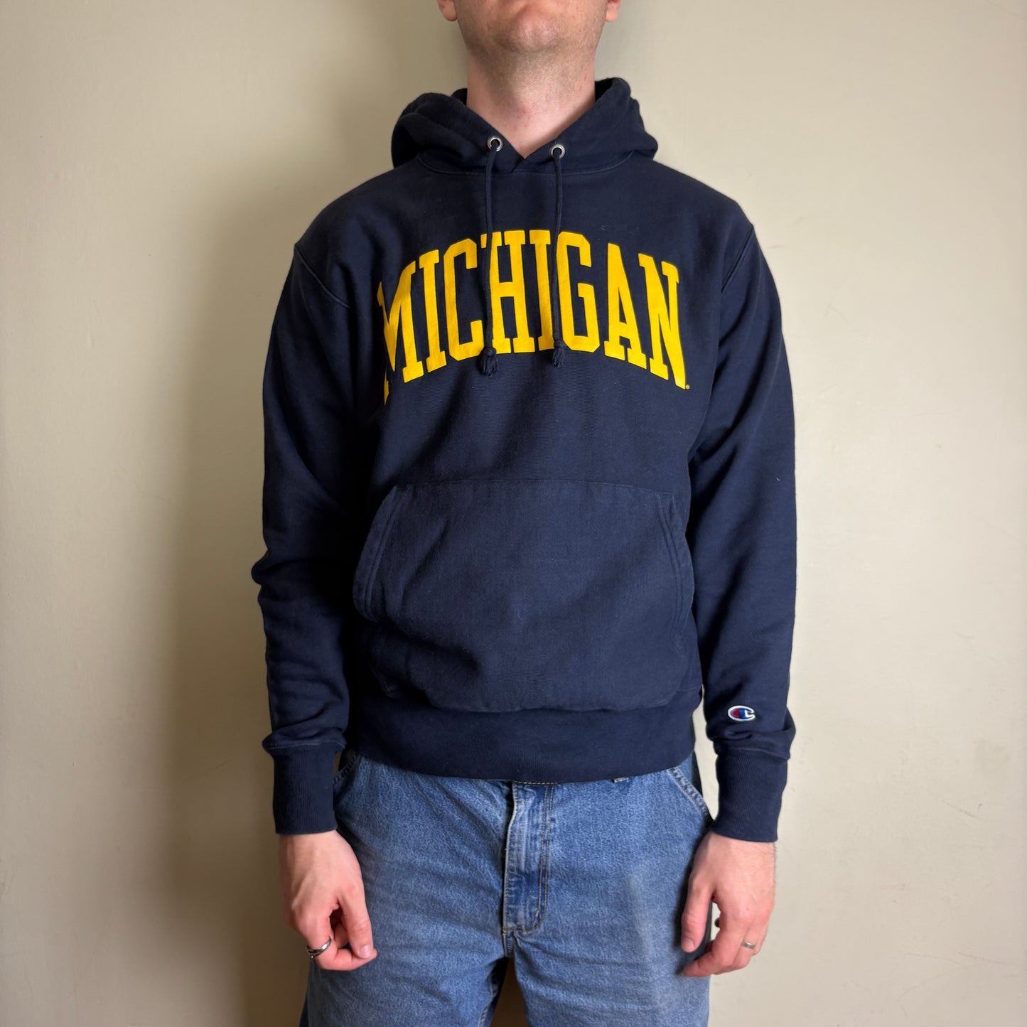 Vintage Champion Reverse Weave Michigan Navy Boxy Spellout Sweatshirt - M