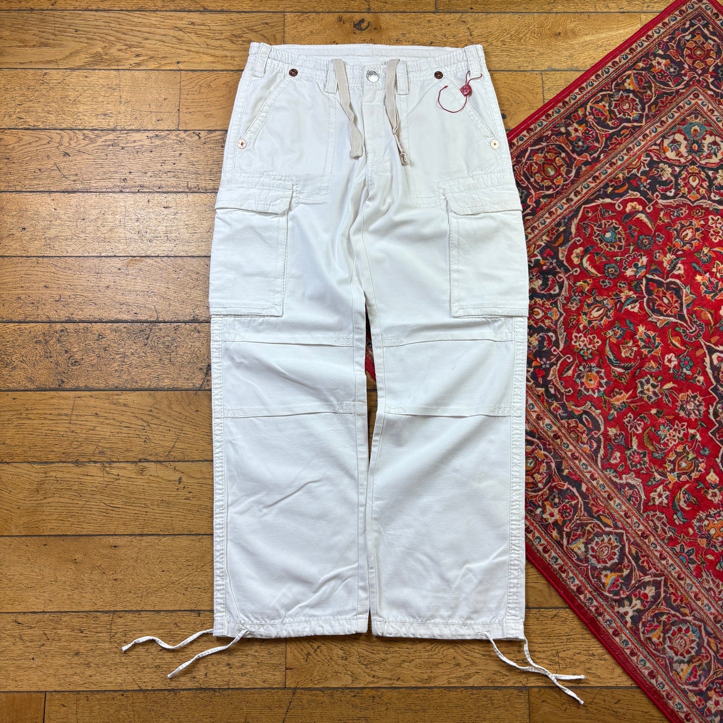 Vintage True Religion White Cargo Embroidered Y2K Hip Hop Baggy Jeans - 36