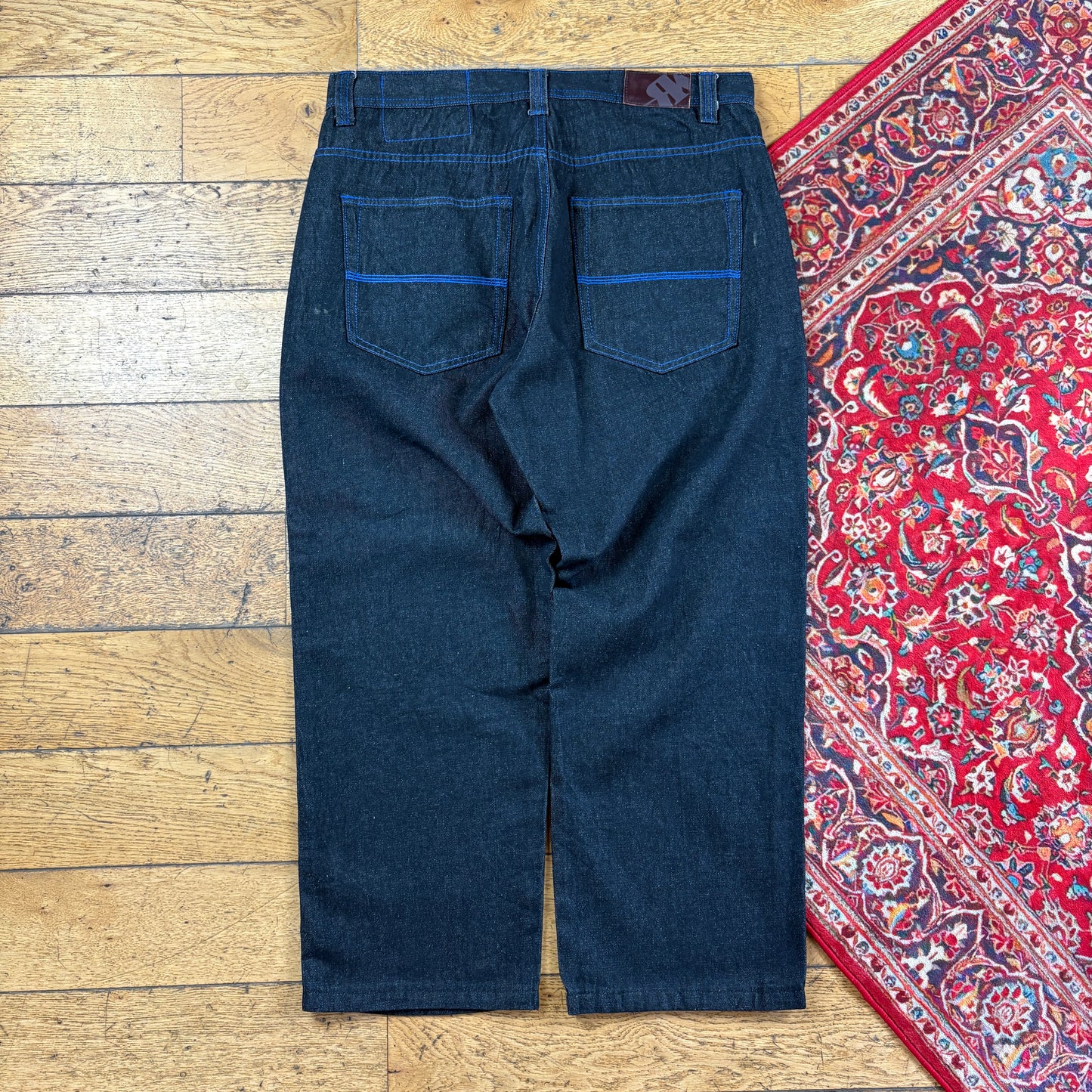 Vintage Black Contrast Stitch Embroidered Y2K Hip Hop Baggy Jeans - 38