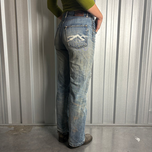 Big Train Blue Embroidered Japanese Grunge Hip Hop Y2K Straight Jeans - 30S