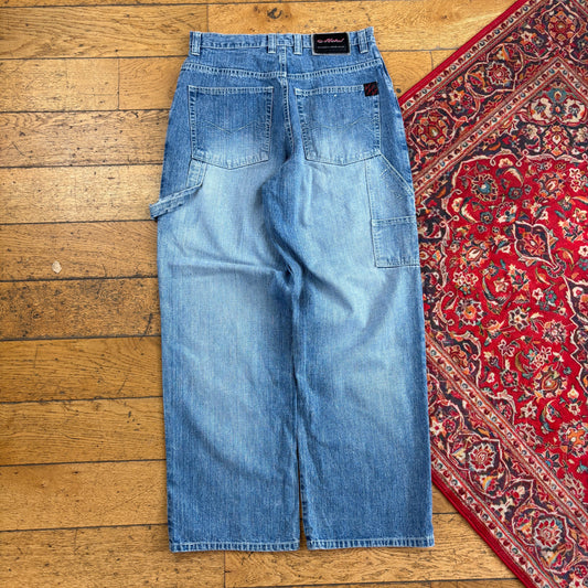 Vintage Metal Blue Carpenter Embroidered Y2K Hip Hop Baggy Jeans - 32