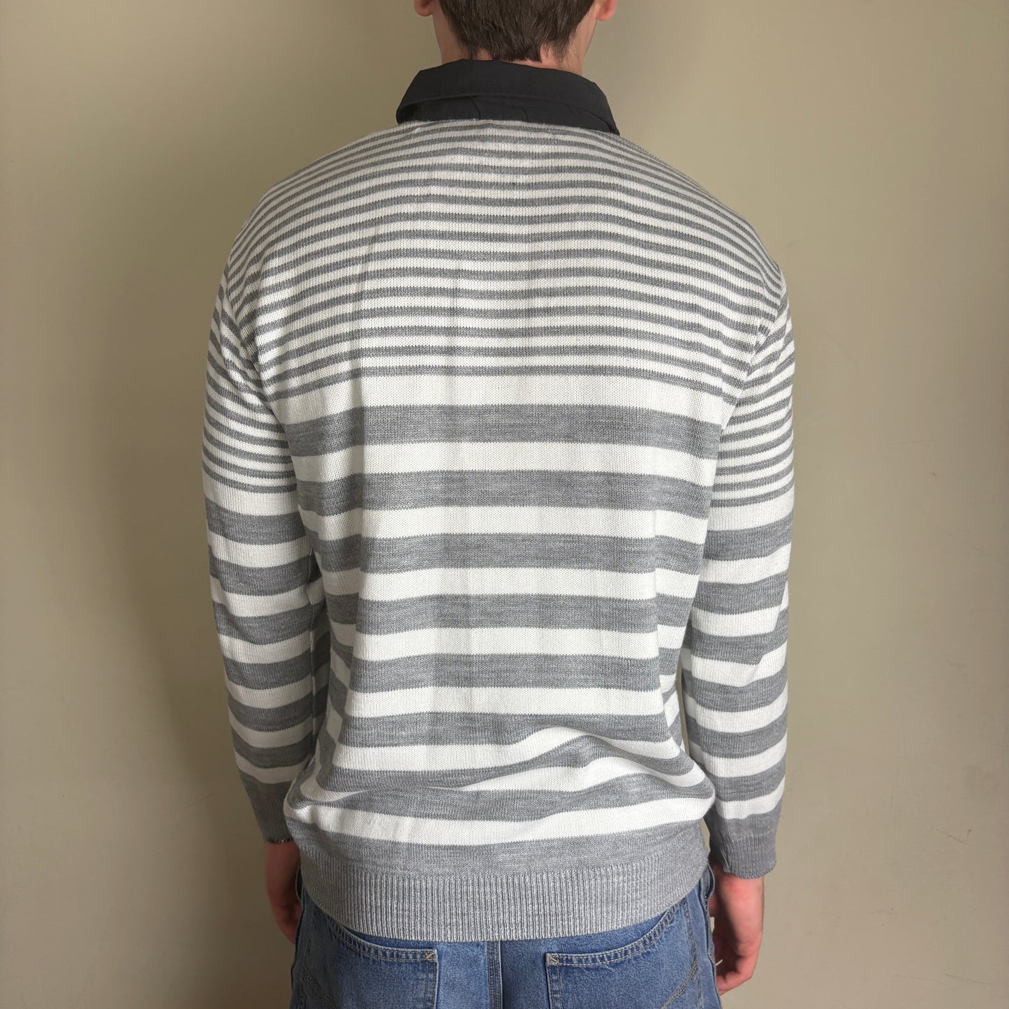 Vintage Lacoste Grey White Stripe Knit Polo Rugby Shirt - M