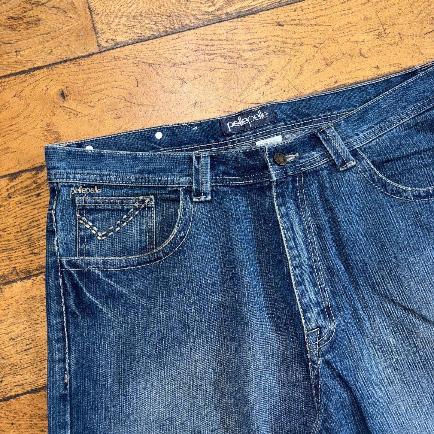 Vintage Pelle Pelle Blue Embroidered Y2K Hip Hop Baggy Jeans Shorts Jorts - 40
