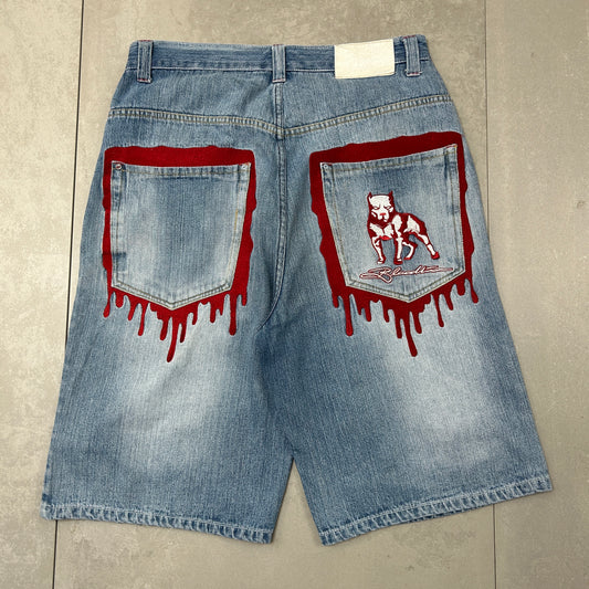 Vintage Bloodline Embroidered Hip Hop Baggy Blue Shorts Jorts - 36