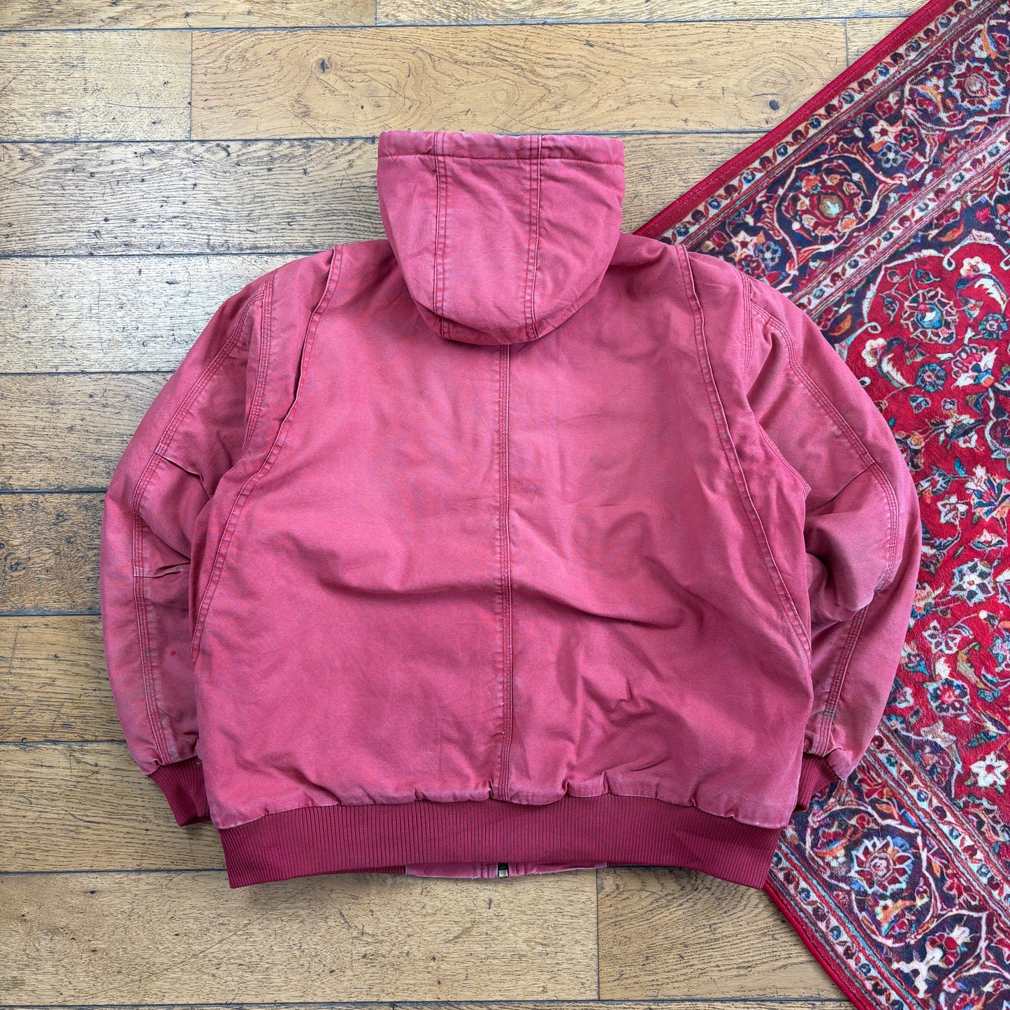 Vintage Workwear Chore Pink Faded Red Heavyweight Active Hoodie Jacket - S
