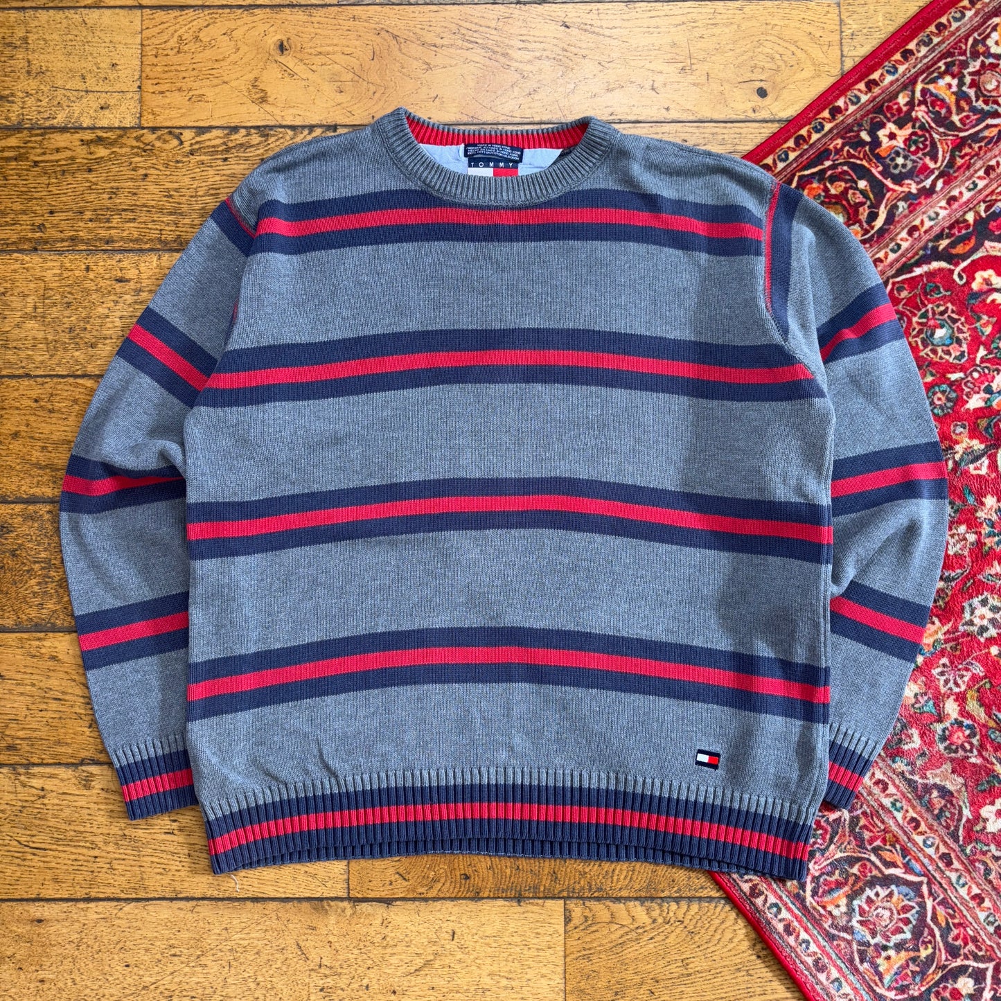 Vintage Tommy Hilfiger Grey Stripe Chunky Knit Jumper - XL