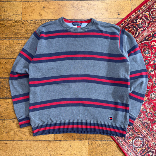 Vintage Tommy Hilfiger Grey Stripe Chunky Knit Jumper - XL