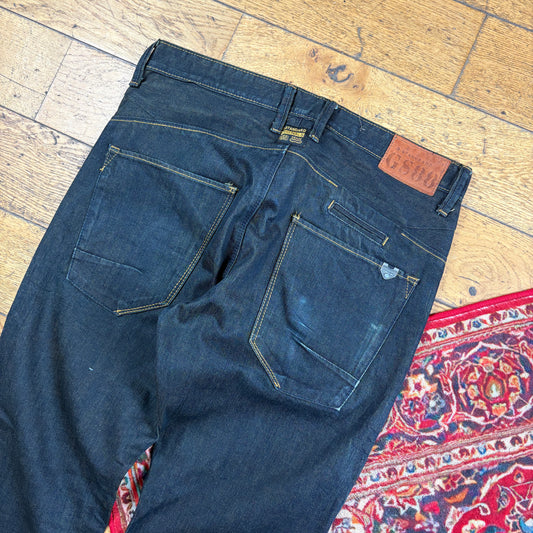 Vintage Dark Indigo Blue Embroidered Y2K Hip Hop Straight Jeans - 36