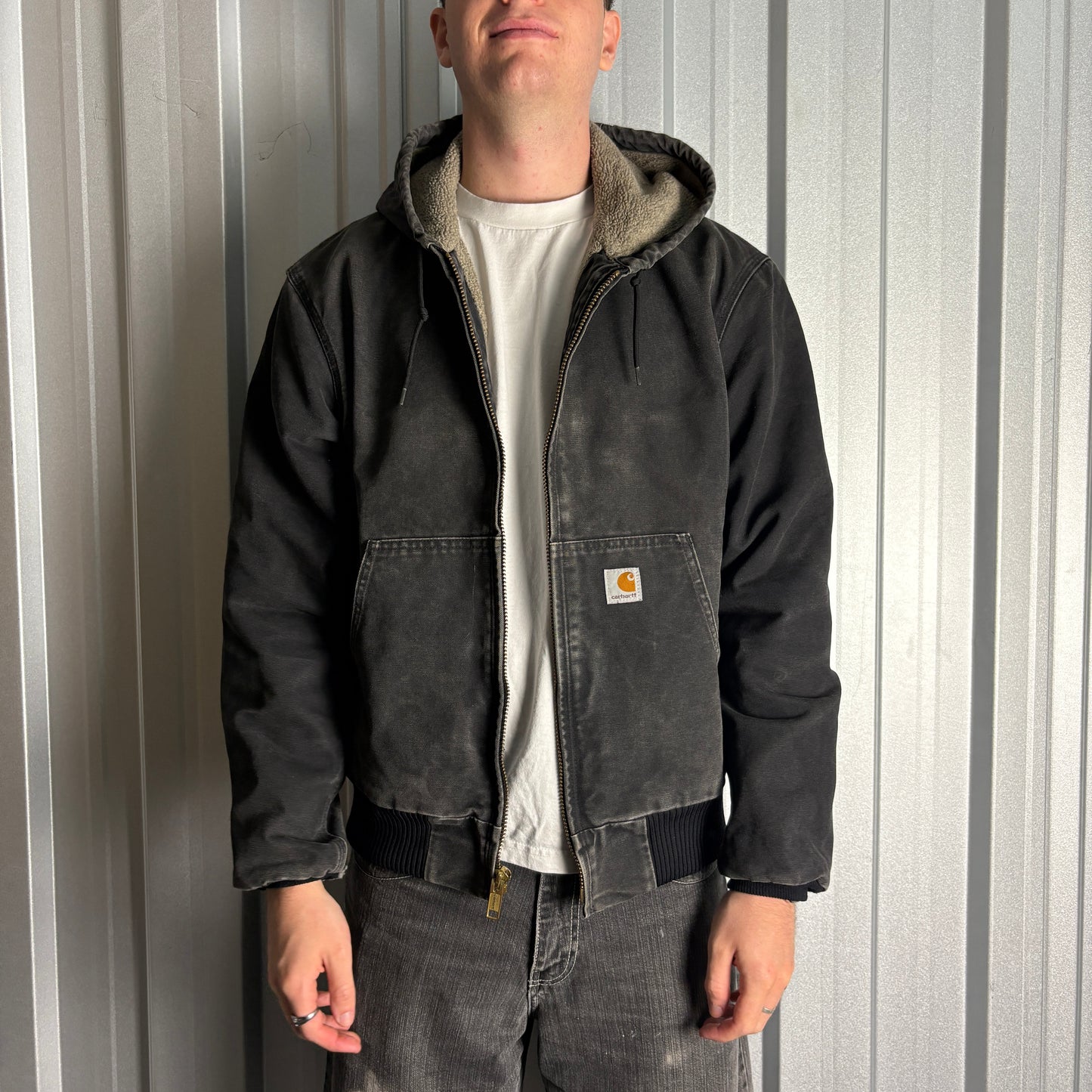 Vintage Carhartt Active Jacket Fleece Lined Workwear Hoodie Black - L