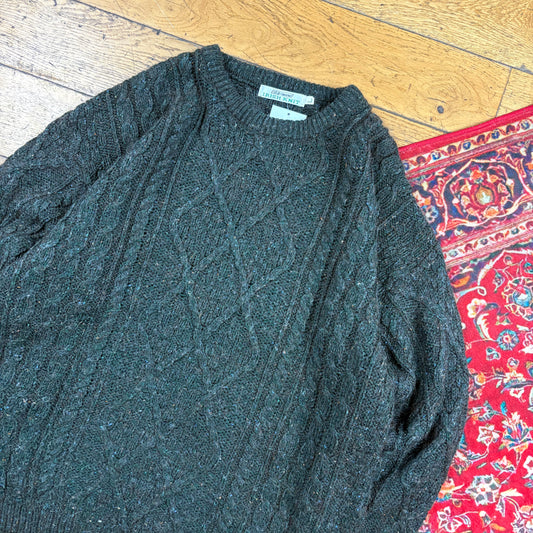 Vintage Green Wool Chunky Cable Knit Jumper - L