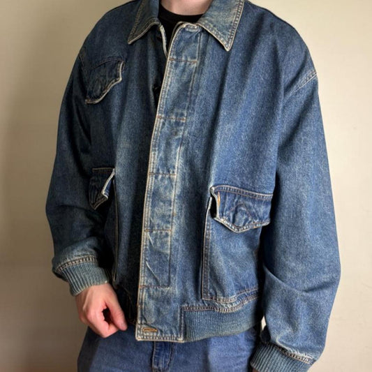 Vintage Trussardi Denim Blue Bomber Utility Jacket - XL