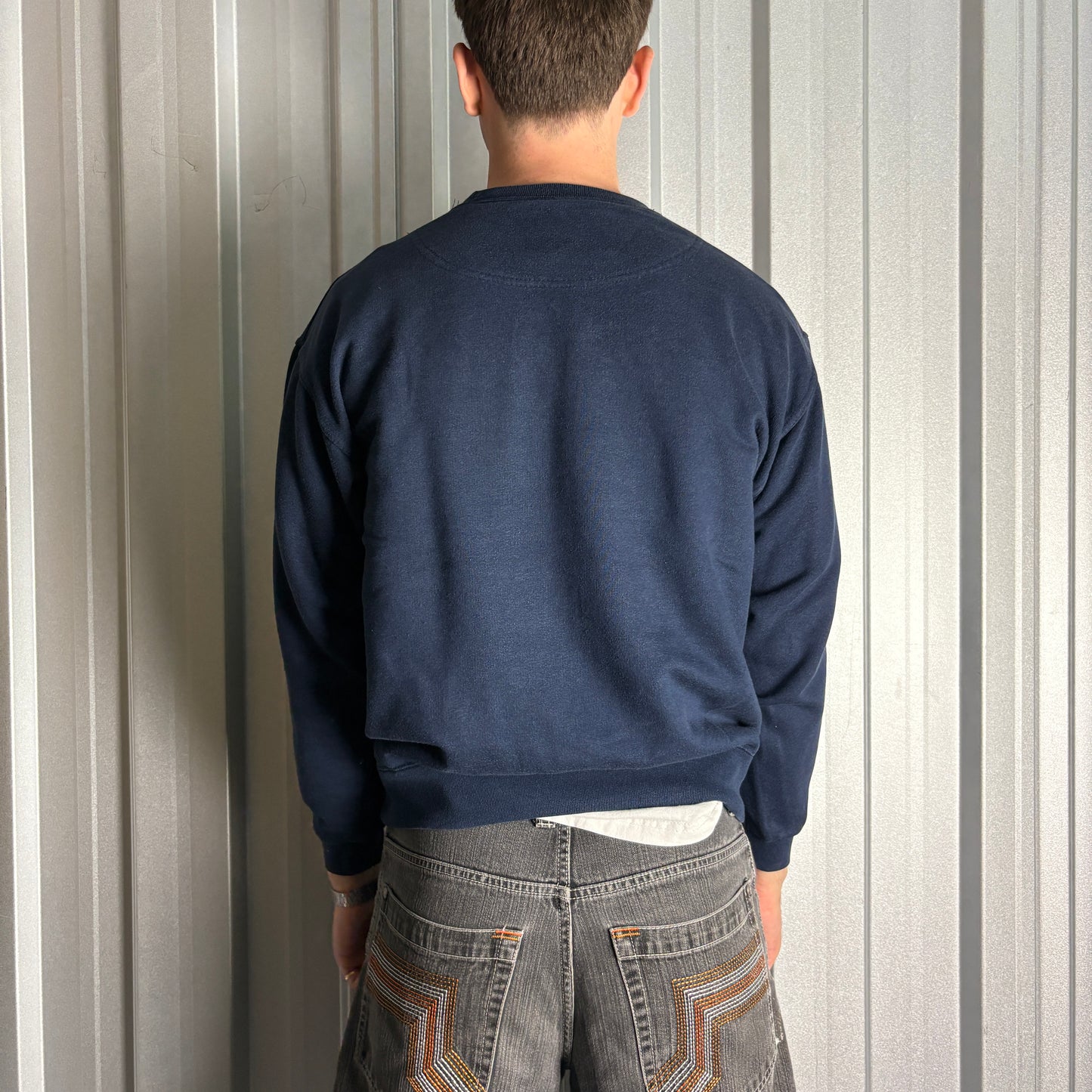 Vintage Champion Navy Blue Spellout Boxy Embroidered Sweatshirt - M