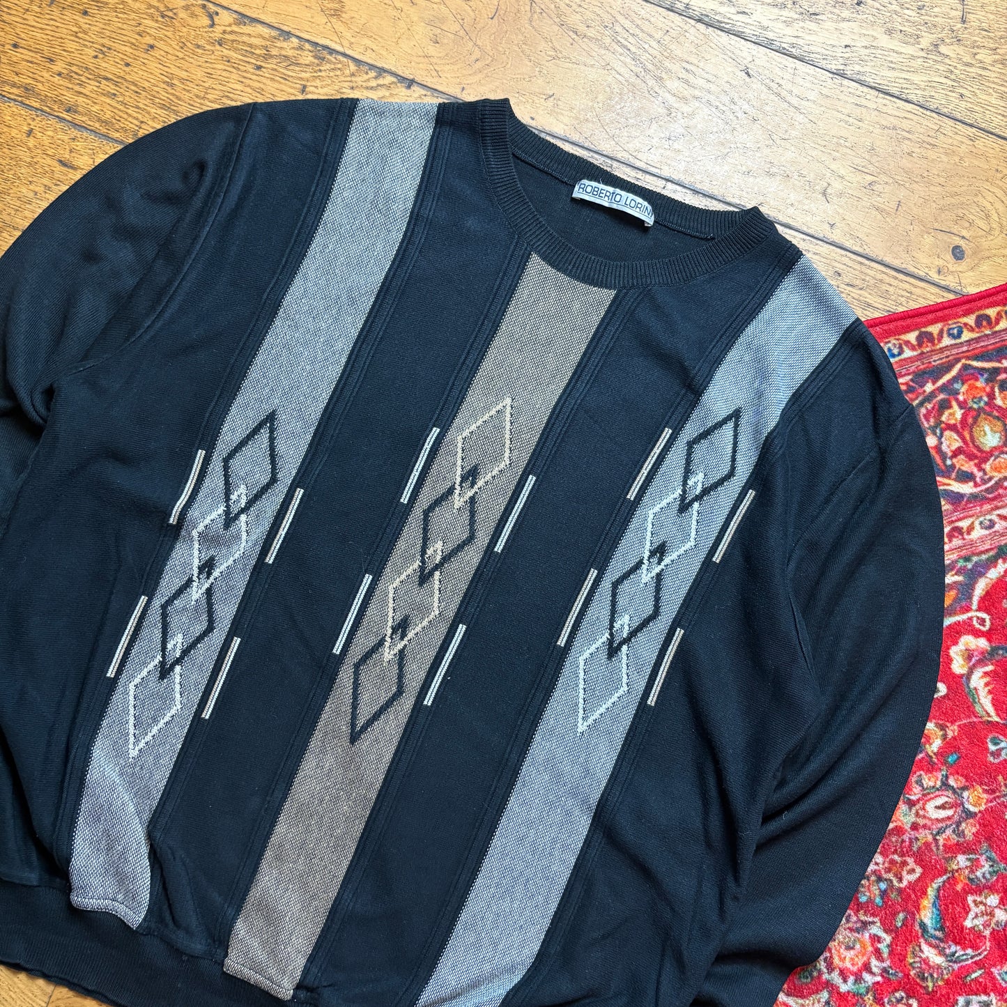 Vintage Black Pattern Knit Jumper - L