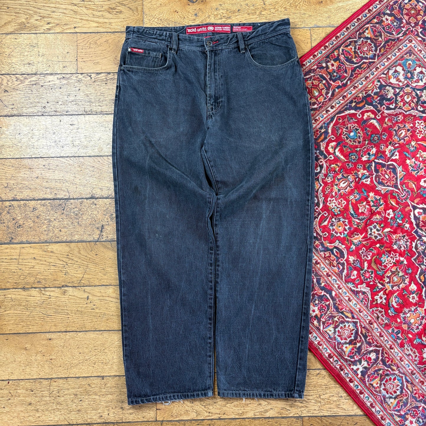 Vintage Ecko Unltd Black Embroidered Y2K Hip Hop Baggy Jeans - 38