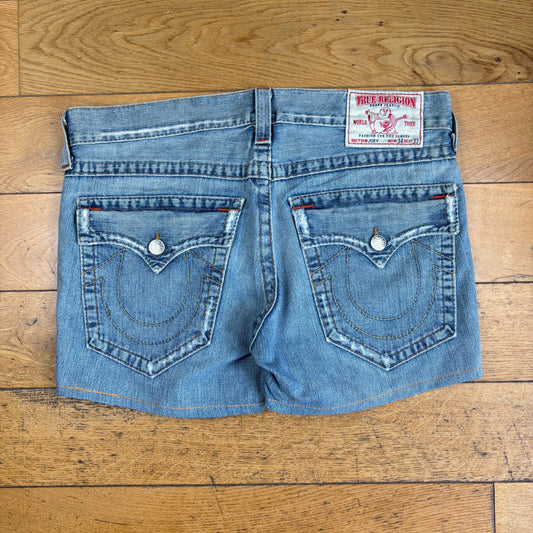 Vintage True Religion Womens Blue Mini Embroidered Y2K Shorts Jorts - Size 18