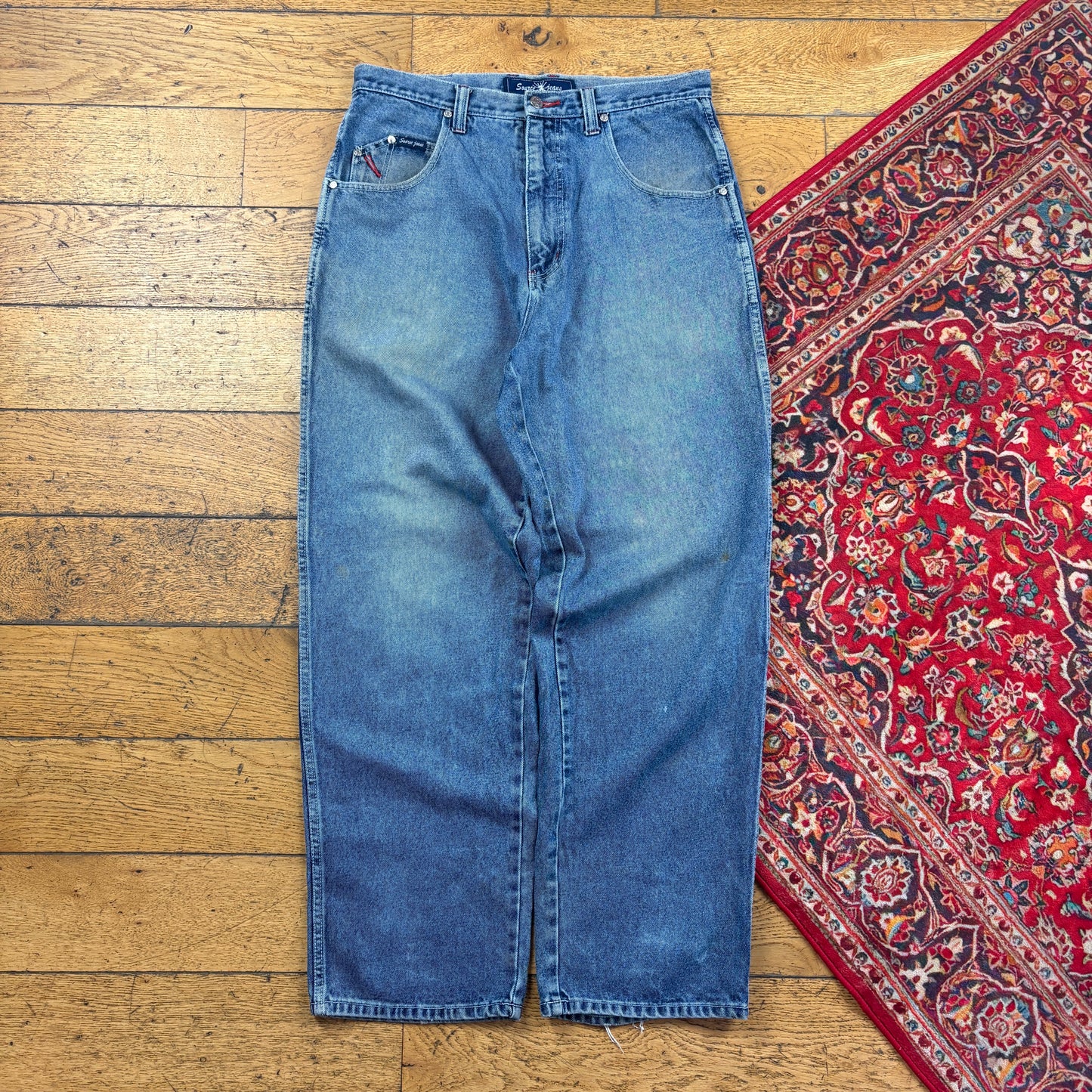 Vintage Blue Embroidered Y2K JNCO Style Hip Hop Baggy Jeans - 34