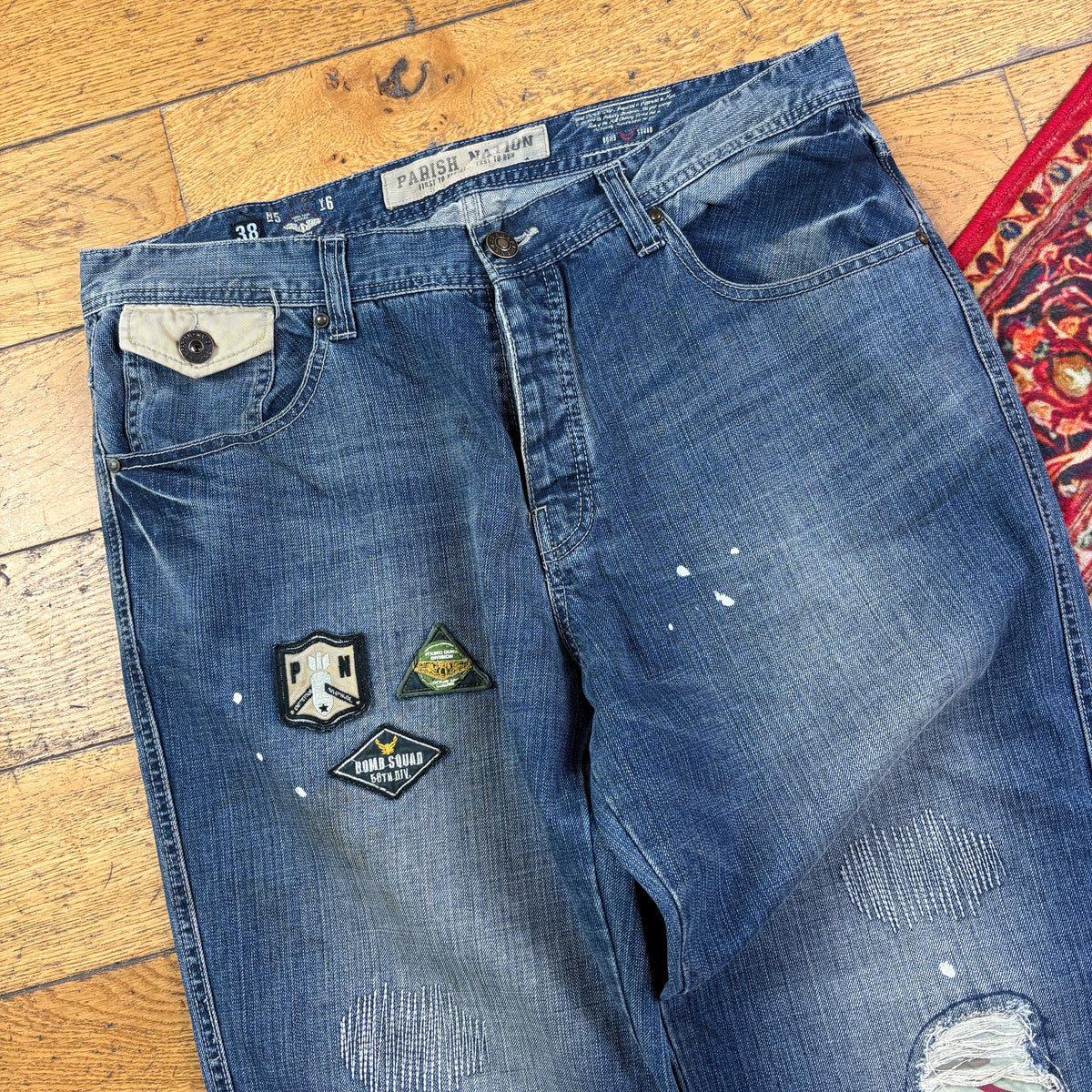 Vintage Blue Embroidered Y2K Hip Hop Baggy Jeans - 38