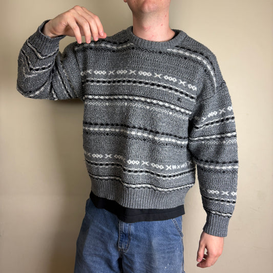 Vintage Burberry Grey Wool Pattern Boxy Chunky Knit Jumper - L