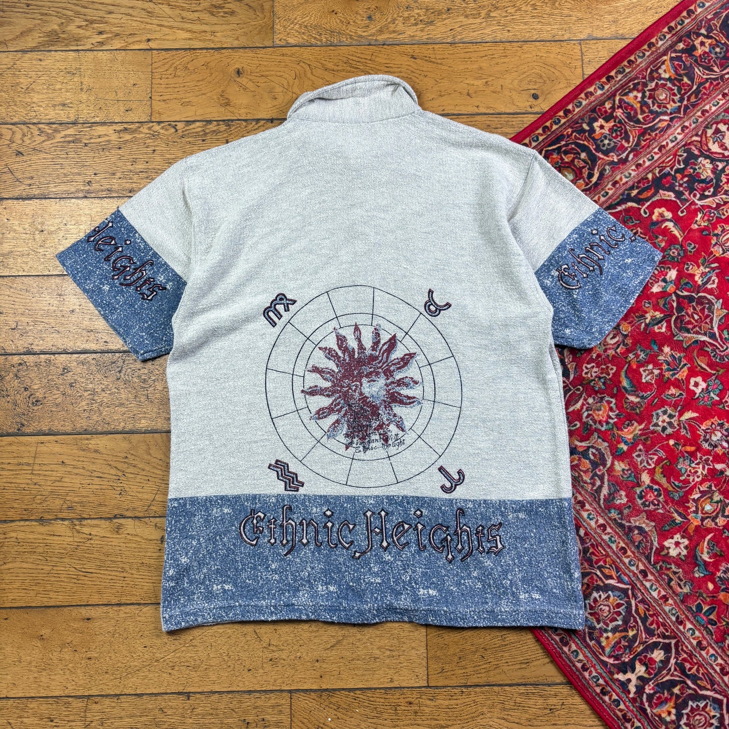 Vintage 90s Grey Blue Graphic Pattern Polo Shirt - L