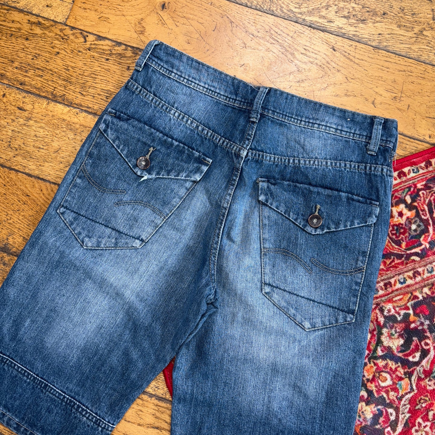 Vintage Blue Double Knee Denim Shorts - 32