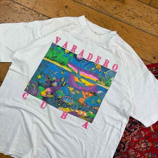 Vintage 90s Cuba White Single Stitch Graphic T-Shirt - XL