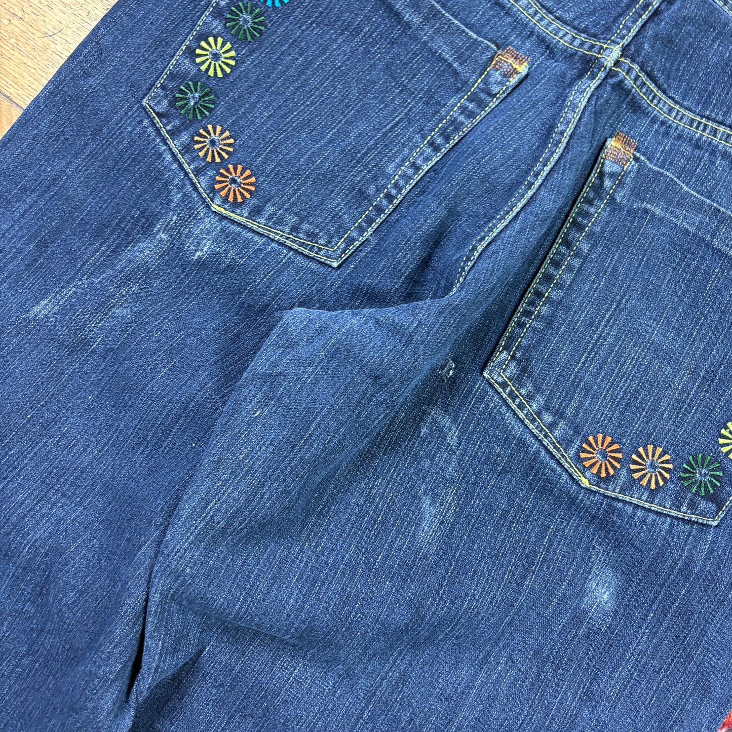 Vintage Floral Blue Embroidered Y2K Hip Hop Baggy Jeans - 38