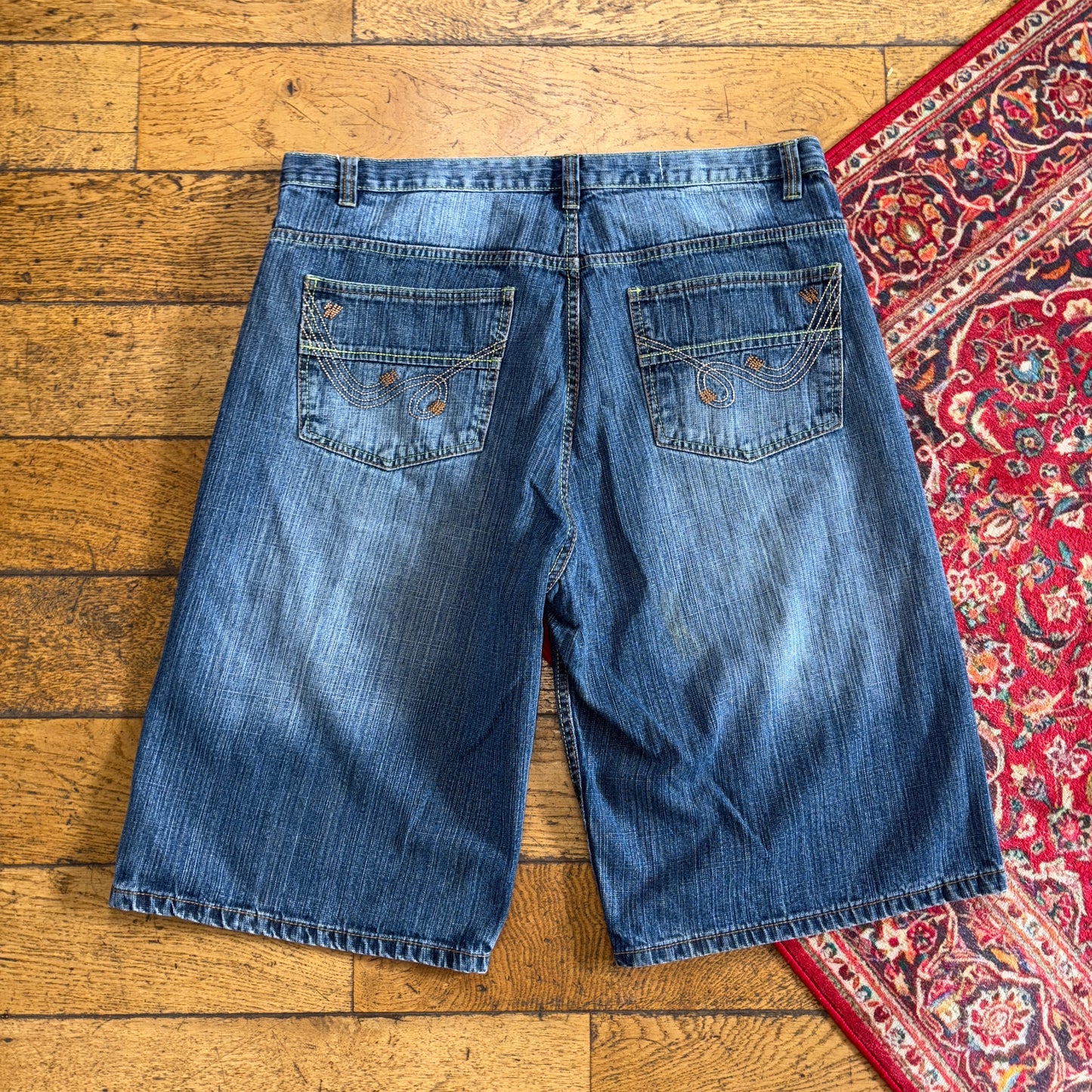 Vintage Indigo 30 Blue Embroidered Y2K Hip Hop Baggy Jeans Shorts Jorts - 40