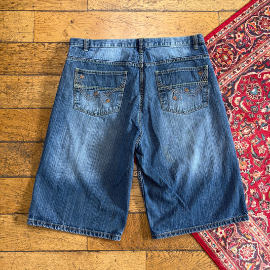 Vintage Indigo 30 Blue Embroidered Y2K Hip Hop Baggy Jeans Shorts Jorts - 40