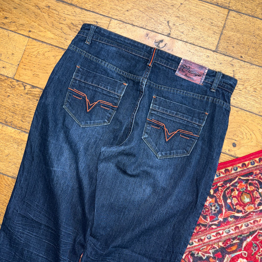 Vintage Navy Blue Embroidered Y2K Hip Hop Straight Jeans - 34L