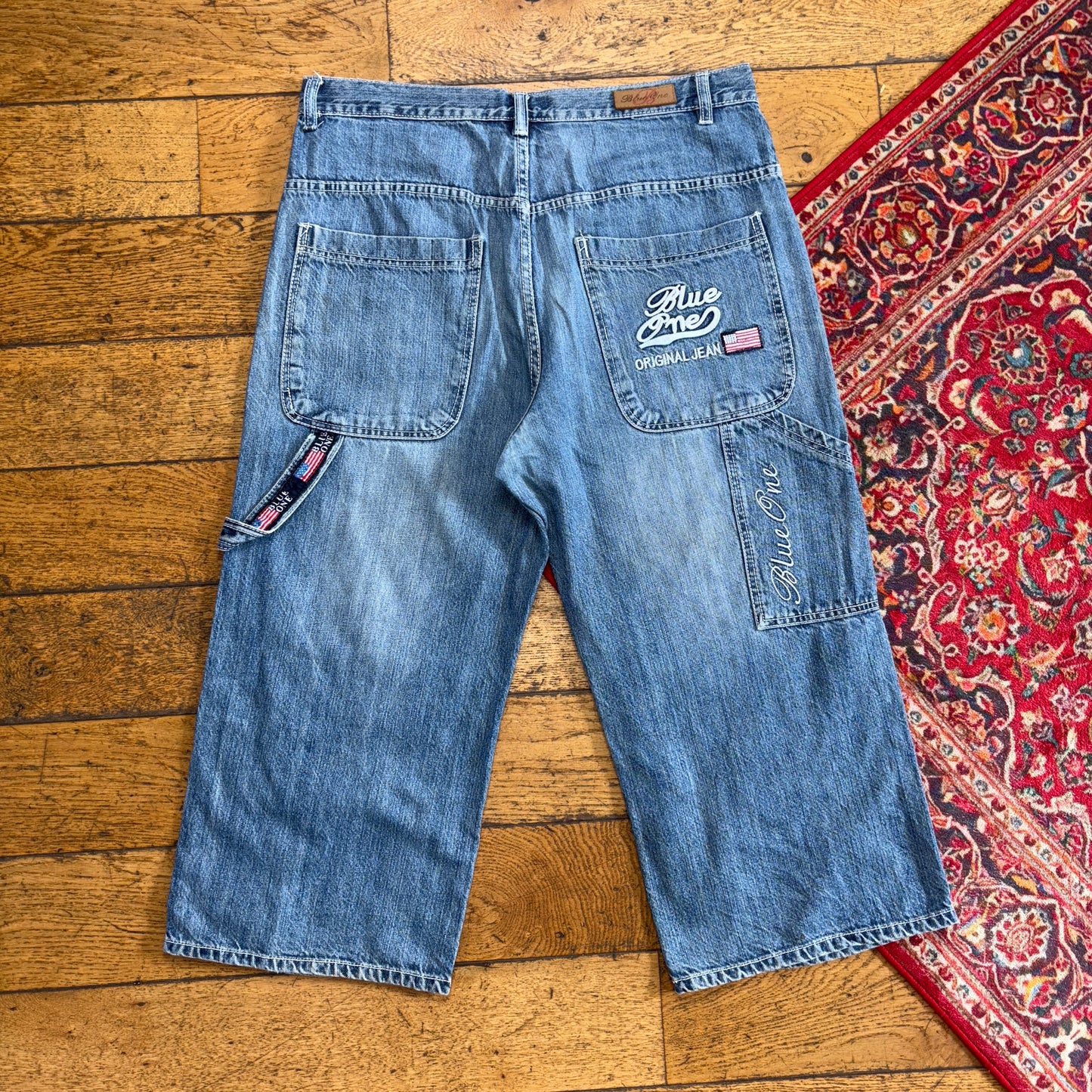 Vintage Blue Embroidered Y2K Hip Hop Baggy Jeans Shorts Jorts - 36