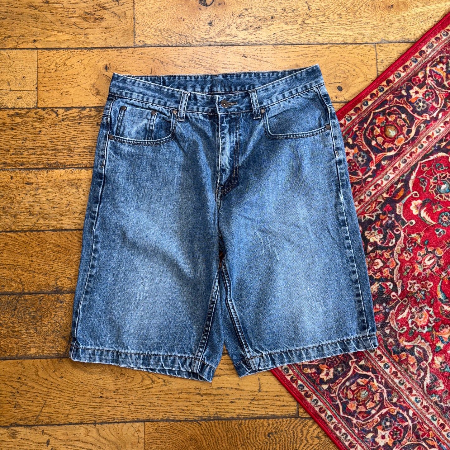 Vintage Embroidered Blue Hip Hop Baggy Shorts Jorts - 34