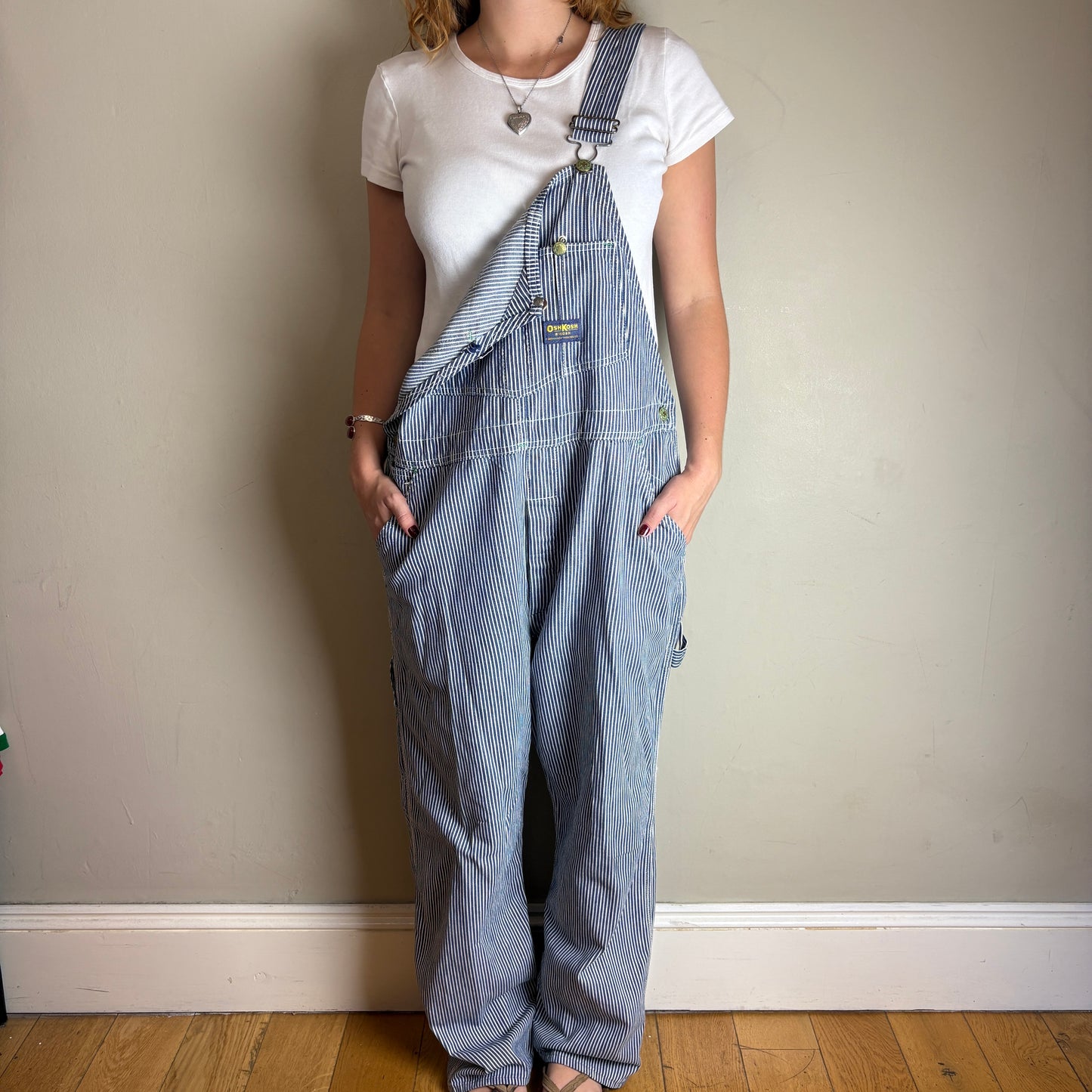 Vintage Osh Kosh Pinstripe Blue White Workwear Dungarees Overalls - M