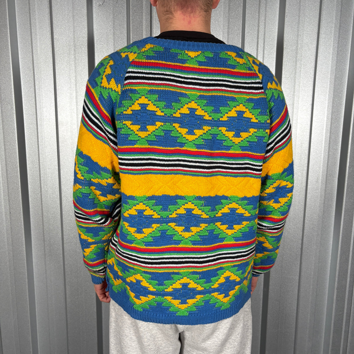 Coogi Style Blue Multi Coloured Knit Pattern Jumper - L