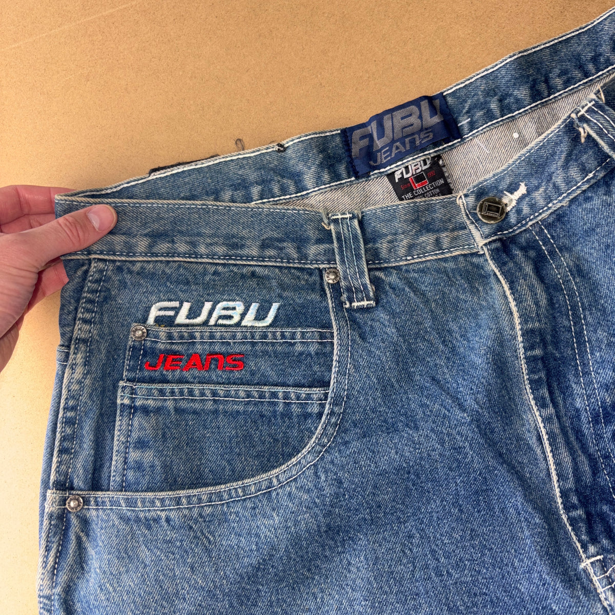 FUBU Blue Embroidered Carpenter Japanese Denim Hip Hop Y2K Baggy Jeans - 36L