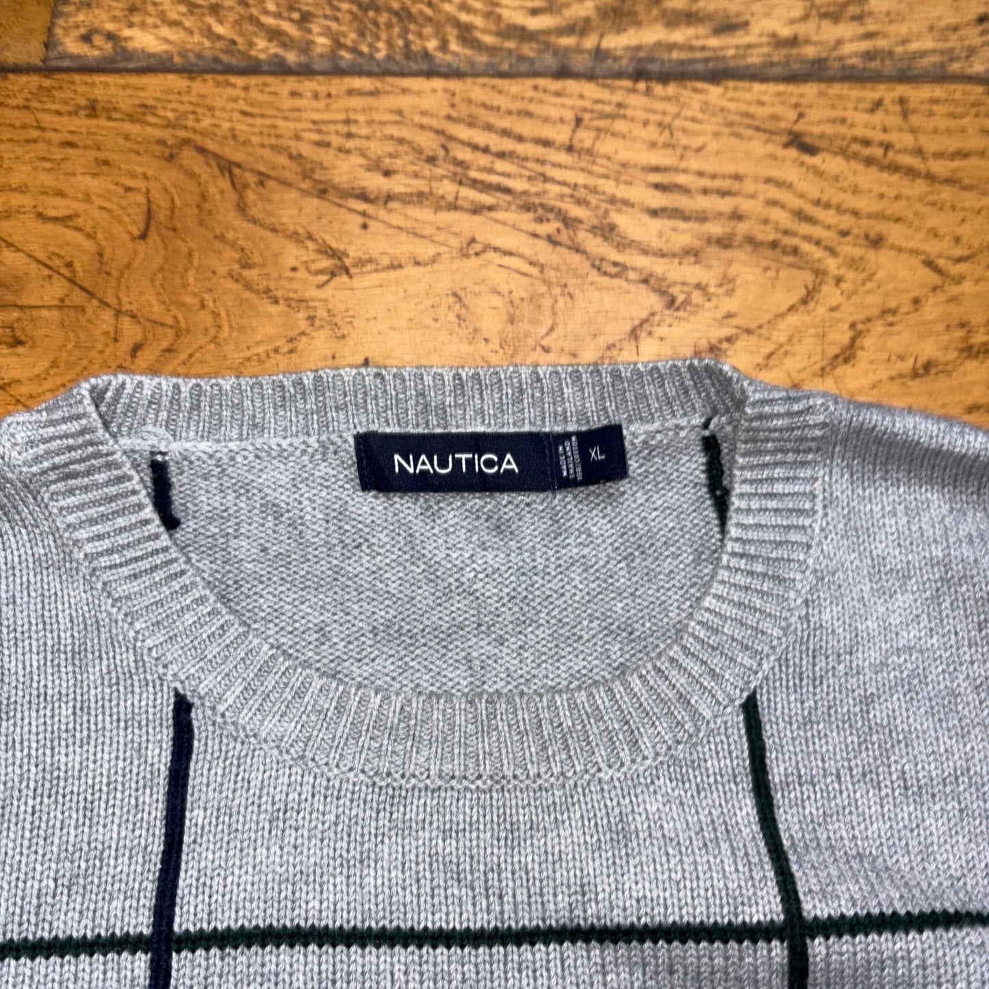 Vintage Nautica Grey Check Embroidered Knit Jumper - XL