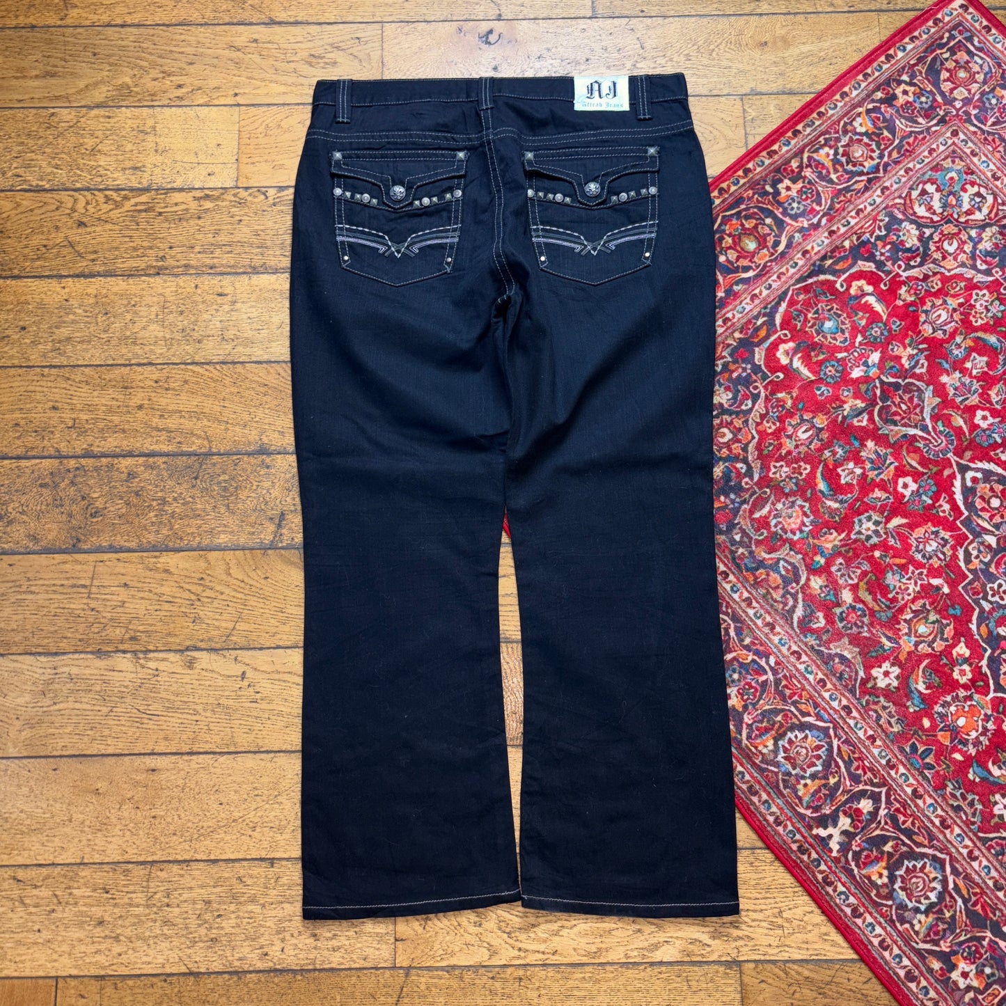 Vintage Black Rock Revival Style Bootcut Embroidered Y2K Baggy Jeans - 40S