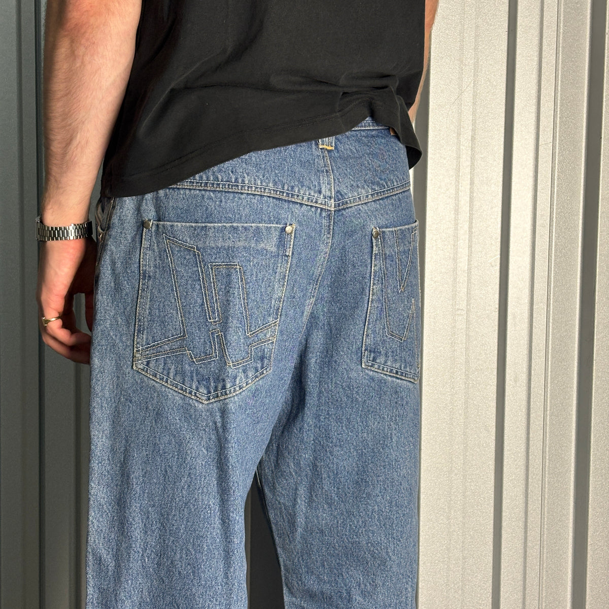 Harlem World Blue Embroidered Japanese Denim Hip Hop Y2K Baggy Jeans - 36L