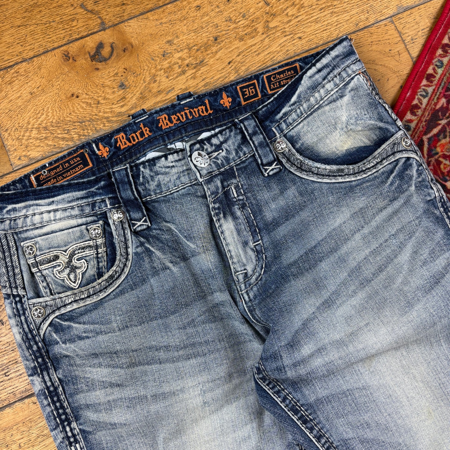 Vintage Rock Revival Blue Embroidered Y2K Hip Hop Straight Jeans - 38