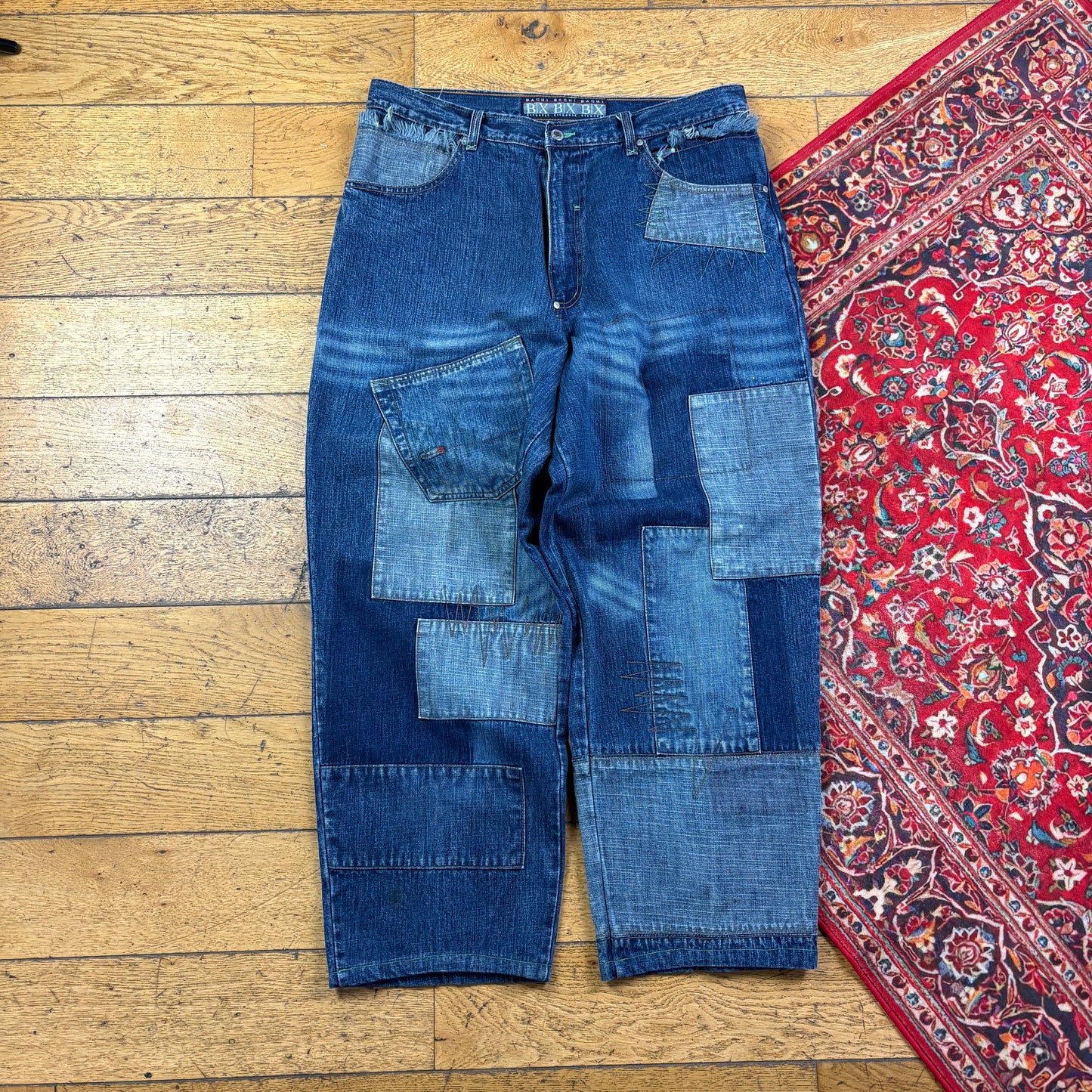 Vintage Blue Patchwork Embroidered Y2K Hip Hop Baggy Jeans - 38