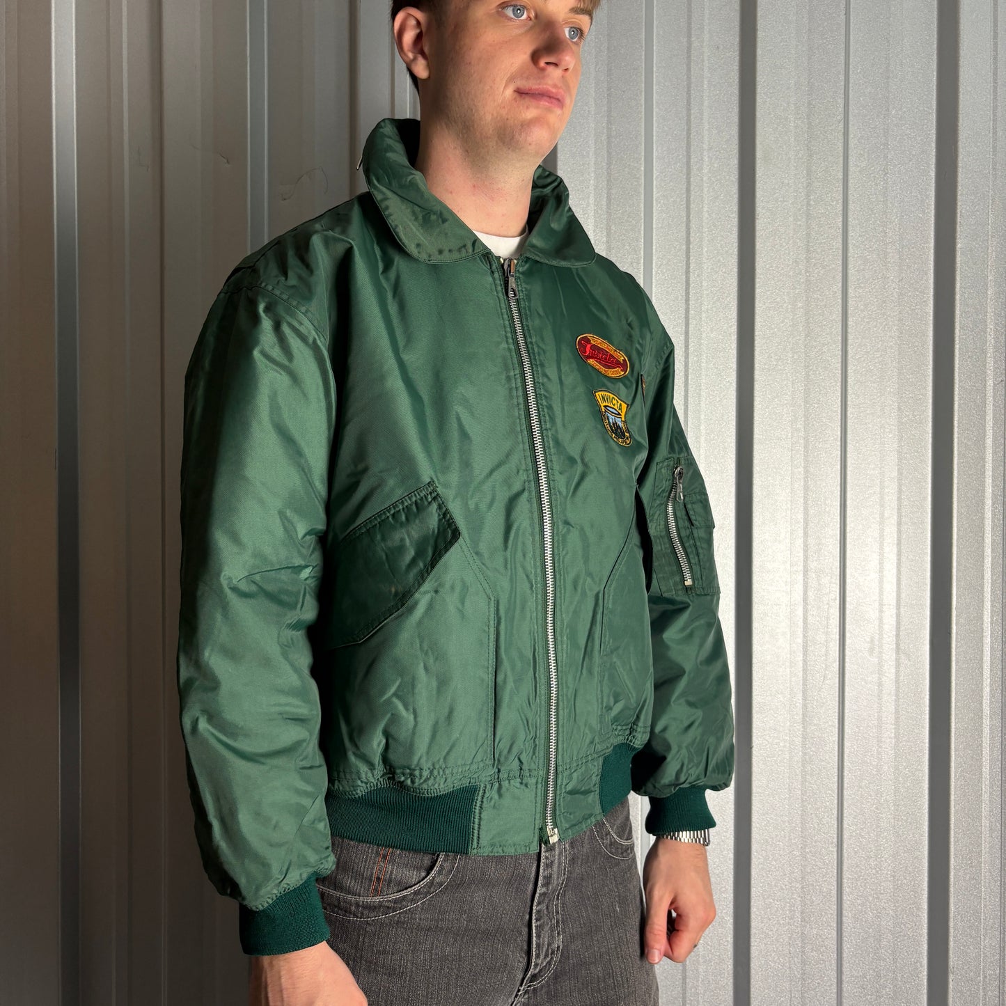 Vintage Invicta Green Bomber Patch Aviator Boxy Jacket - XL