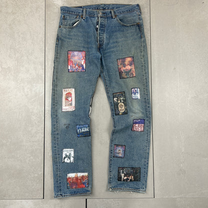 Vintage Levis 501 Patchwork Fleetwood Mac Blue Denim Straight Jeans - 36