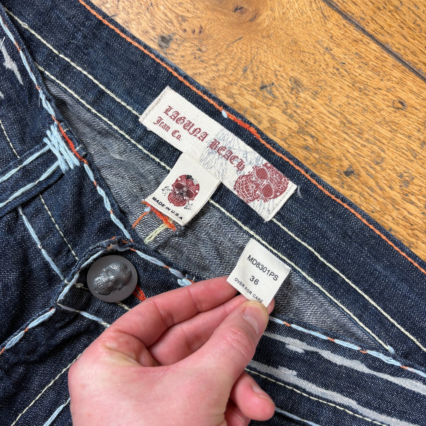 Vintage Laguna Beach Blue Embroidered Y2K Hip Hop Bootcut Jeans - 38
