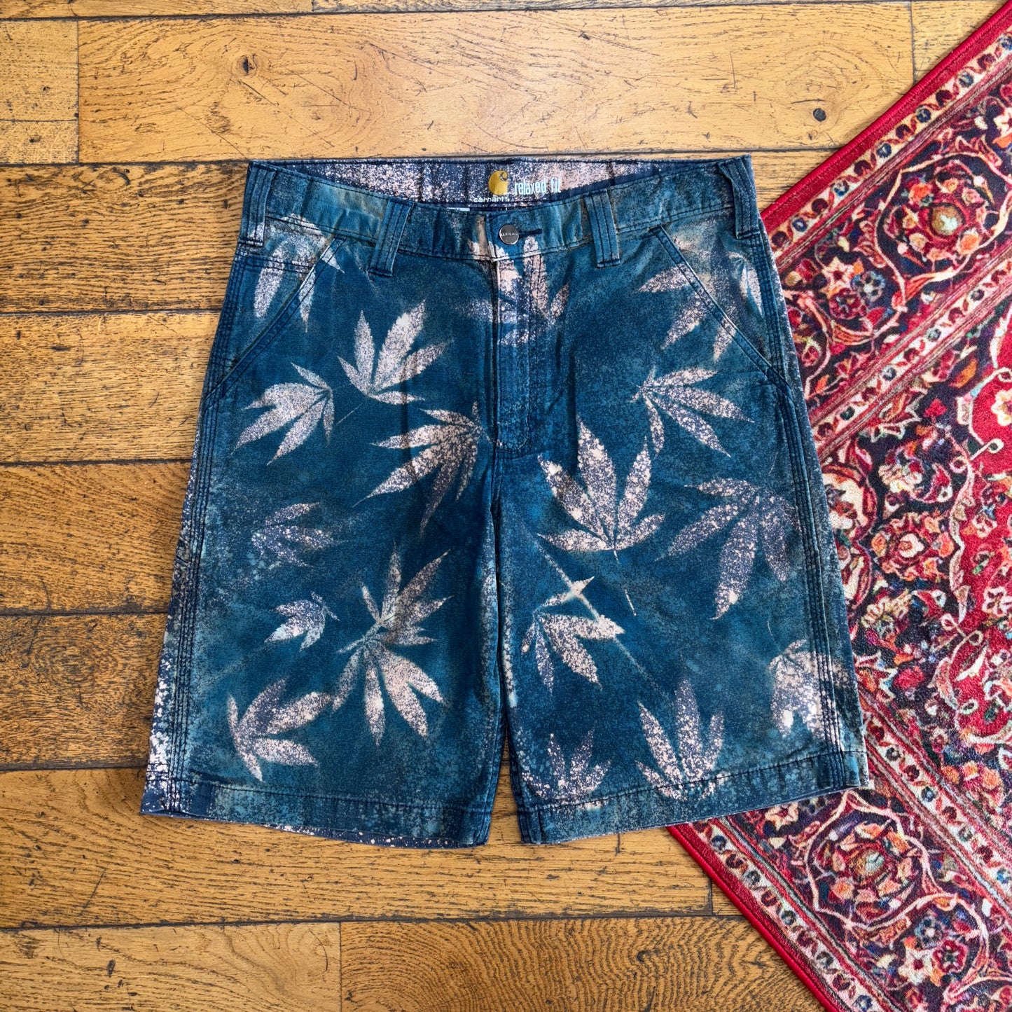Vintage Carhartt Blue Green Camo Workwear Baggy Carpenter Shorts - 32