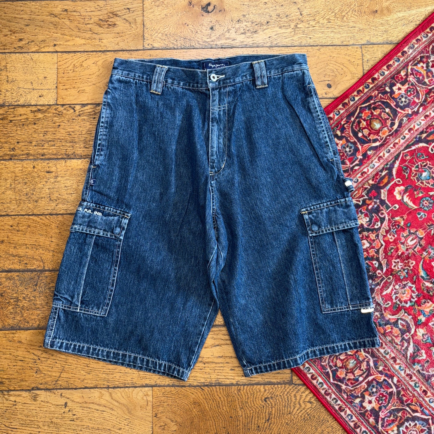 Vintage Pepe Jeans Cargo Embroidered Blue Hip Hop Baggy Shorts Jorts - 34