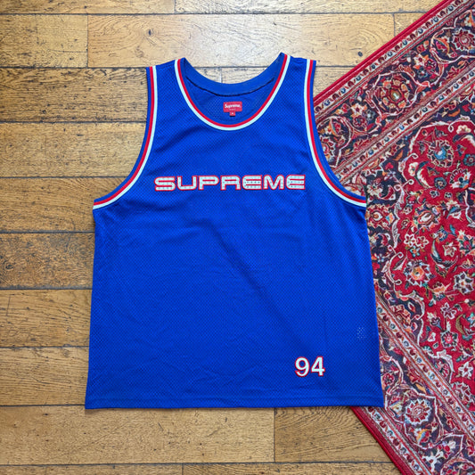 Vintage Supreme Embroidered Blue Basketball Jersey Vest Graphic T-Shirt - XL