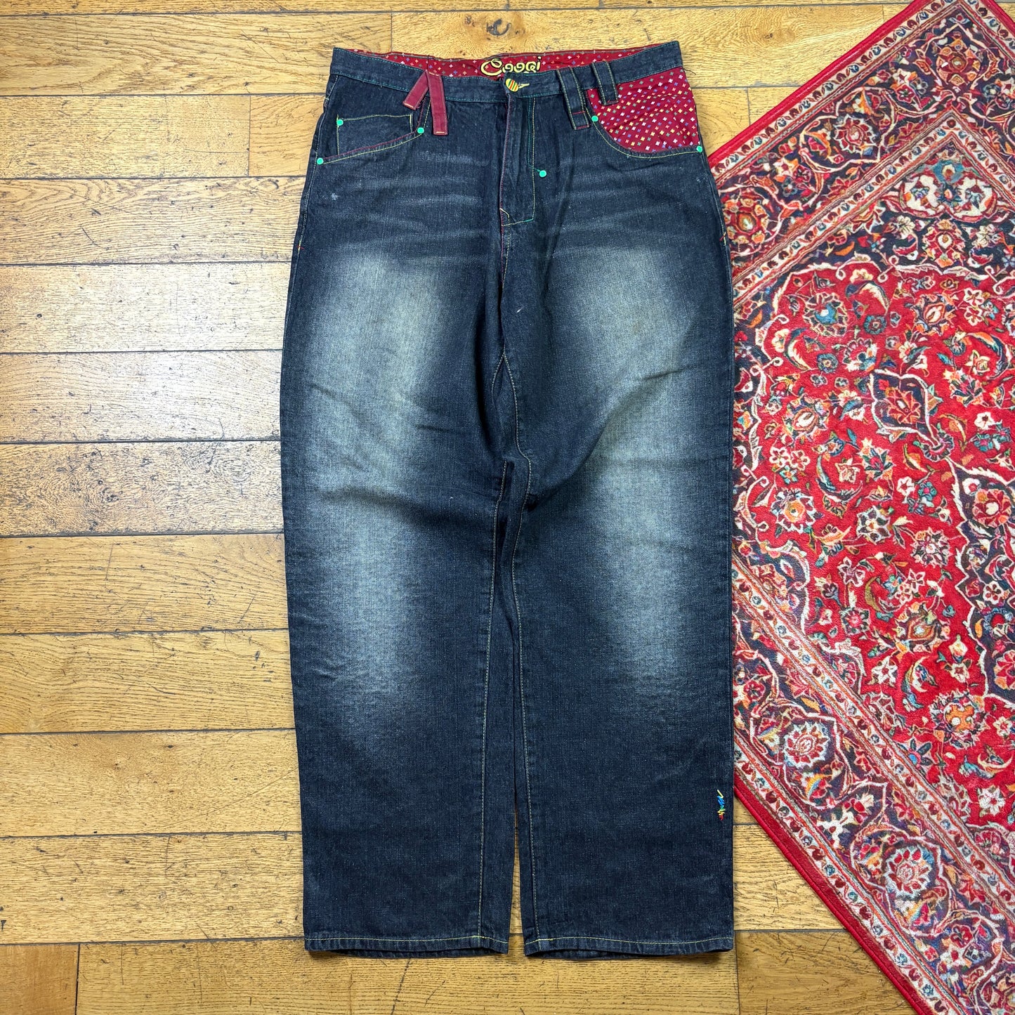 Vintage Coogi Washed Black Embroidered Y2K Hip Hop Baggy Jeans - 38