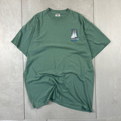 Vintage 90s Single Stitch Green Sailing Boat Graphic T-Shirt - XL