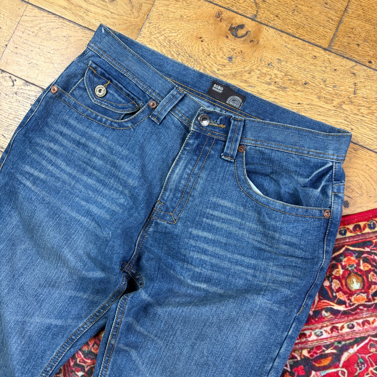 Vintage Nobo Blue Embroidered Y2K Hip Hop Bootcut Baggy Jeans - 36