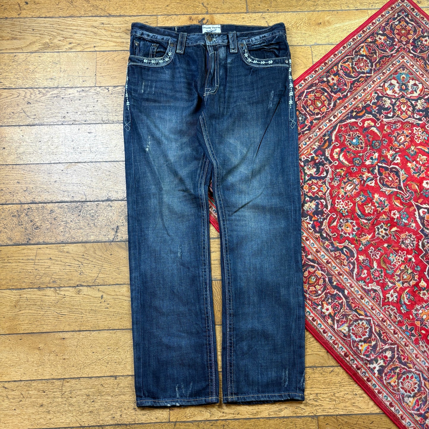 Vintage Blue Embroidered Y2K Hip Hop Straight Jeans - 40