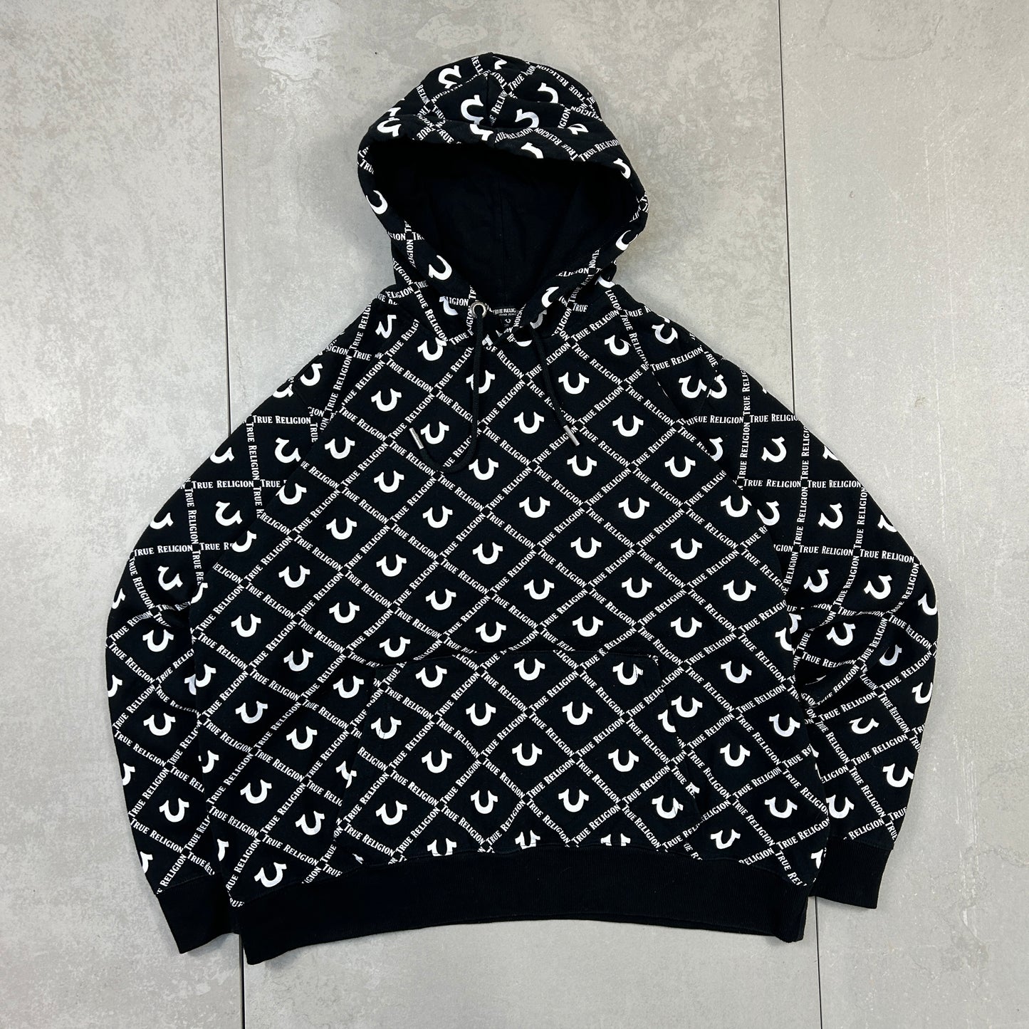 Vintage 00s True Religion All Over Print Black Hoodie Sweatshirt - 3XL